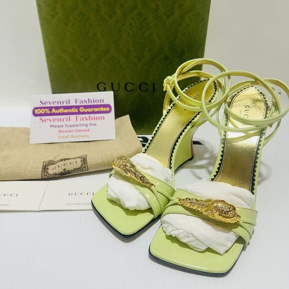 Gucci 37/ US 7 Two-Toned Dora Embellished Crystal Wedge Green Sandals NIB $1,250 - Picture 4 of 13